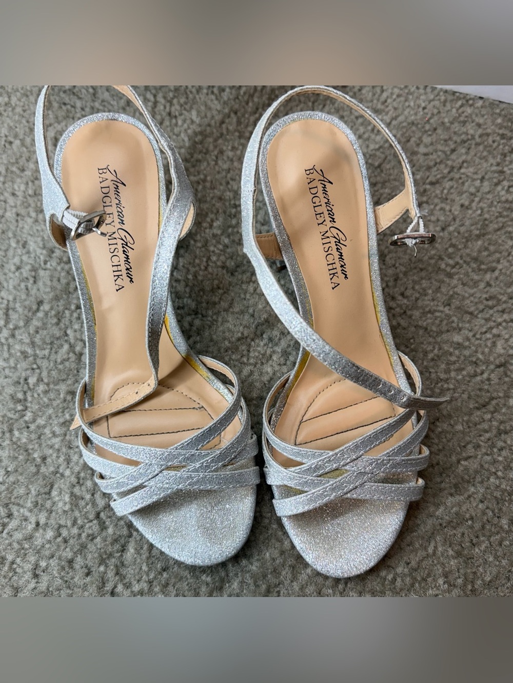Badgley Mischka Silver Glitter Strappy Open Toe Ankle Strap Block Heels 6